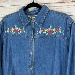 Womens VTG 90s Cathy Daniels Floral Embroidered Blue Denim Button Up Shirt Sz L